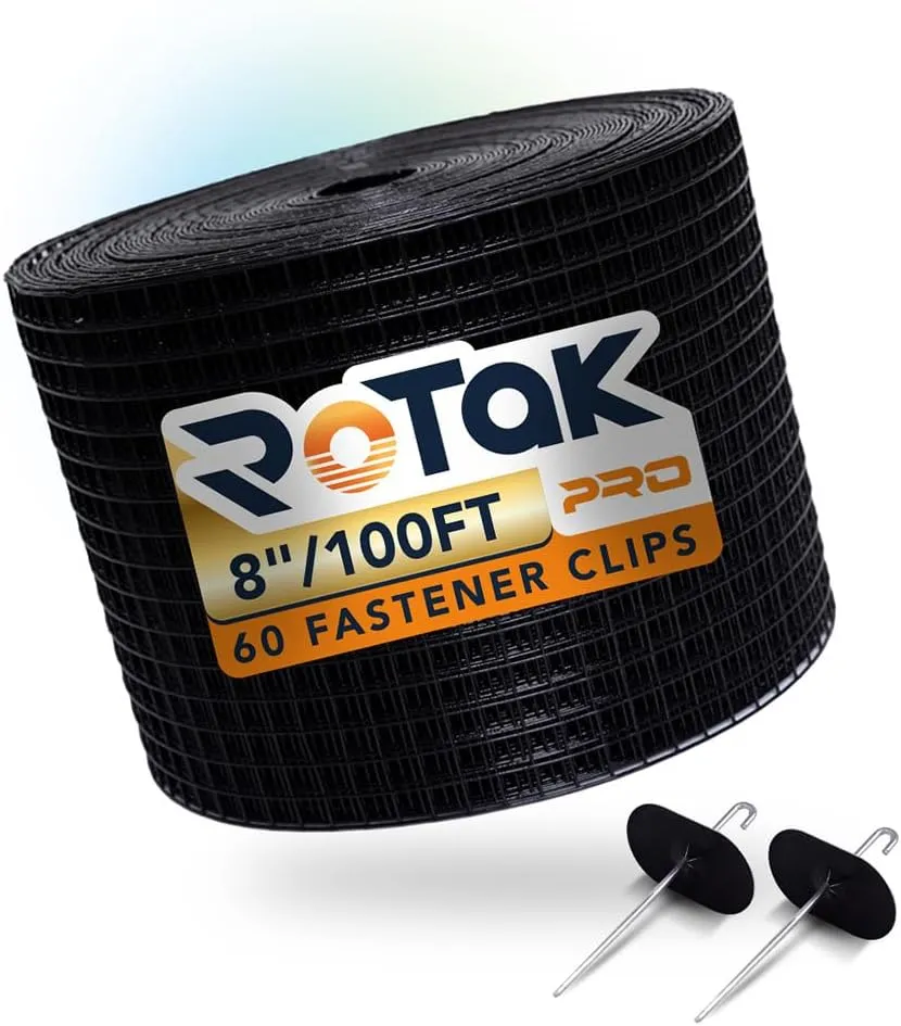 Rotak 8in X 100ft Solar Panel Bird Squirrel Critter Guard Roll Kit - 60 Fastener Clips - Used for Bird/Critter proofing Solar Panels - Removable Without Damage - PVC Coated Galvanized Steel roll…