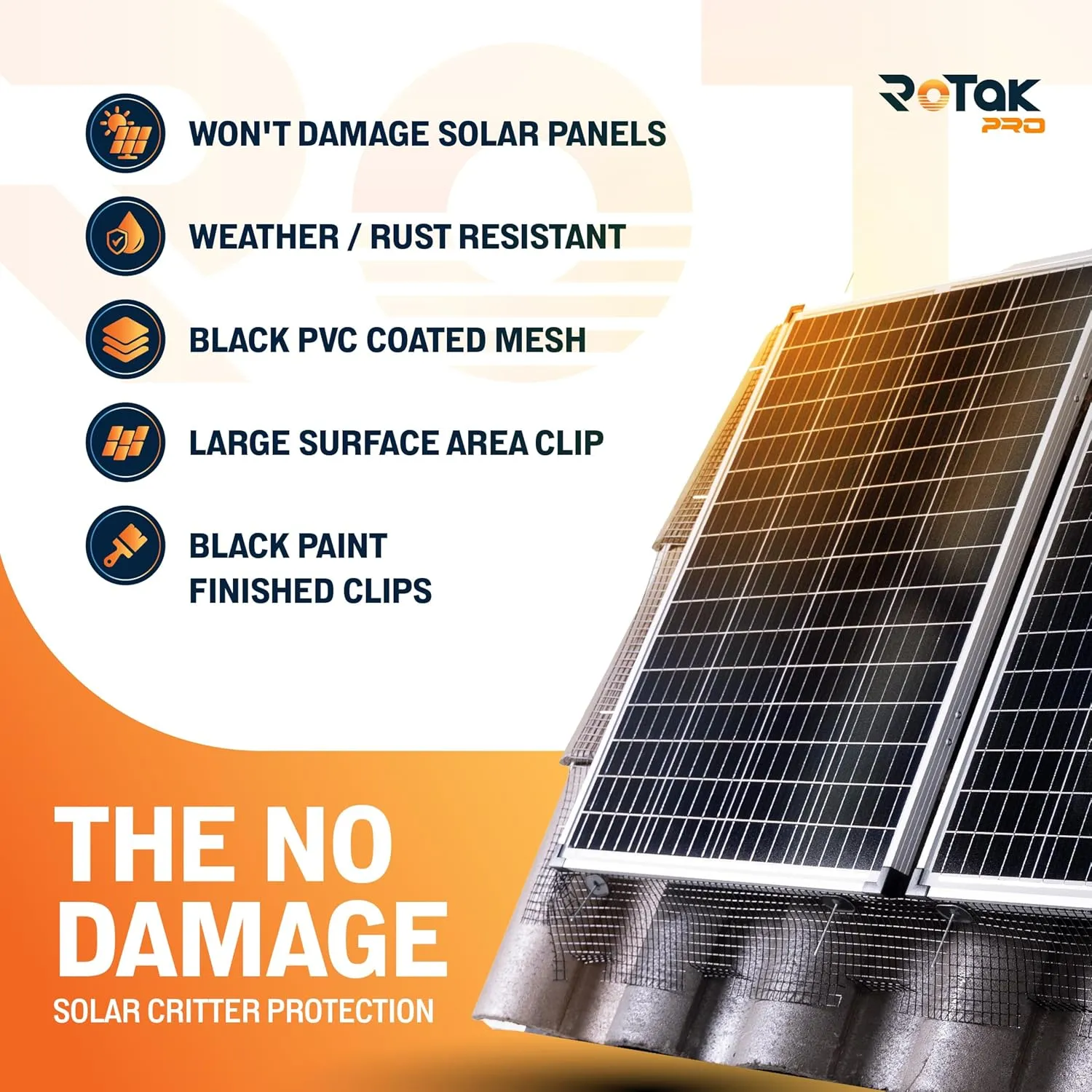 Rotak Critter Guard PRO - 6in x 100ft Solar Panel Bird Prevention Roll Kit with 60 Fastener Clips - Heavy Duty Galvanized Black PVC Coated ½ inch Wire Roll Mesh (6" PRO   60 Clips)