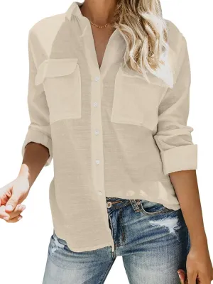 Runcati Womens Button Down Shirt Cotton Linen Long Sleeve V Neck Dress Shirts Casual Loose Roll Up Work Blouse Tops