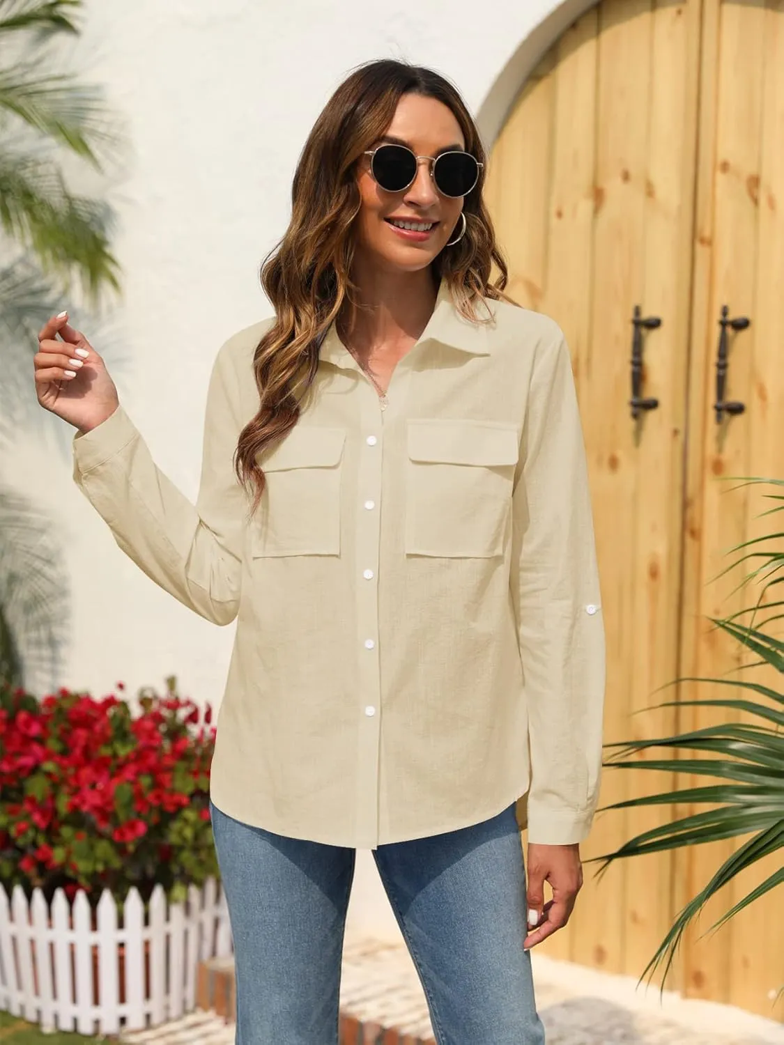Runcati Womens Button Down Shirt Cotton Linen Long Sleeve V Neck Dress Shirts Casual Loose Roll Up Work Blouse Tops