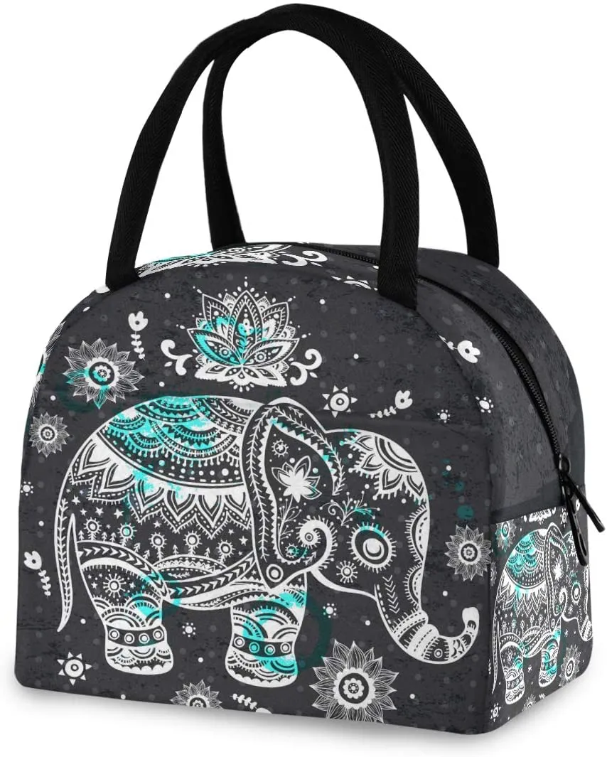 Rynx | ZZKKO Indian Lotus Ethnic Elephant Lunch Bag Box Tote Organizer Lunch Container Insulated Zipper Meal Prep Cooler Handbag For Women Men Home School Office Outdoor Use