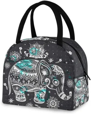 Rynx | ZZKKO Indian Lotus Ethnic Elephant Lunch Bag Box Tote Organizer Lunch Container Insulated Zipper Meal Prep Cooler Handbag For Women Men Home School Office Outdoor Use
