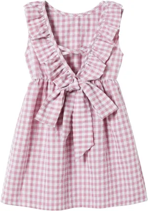 Rysly Toddler Baby Girls Cotton Linen Plaid Dress with Ruffle Back Straps and Bow Kids Casual Dress