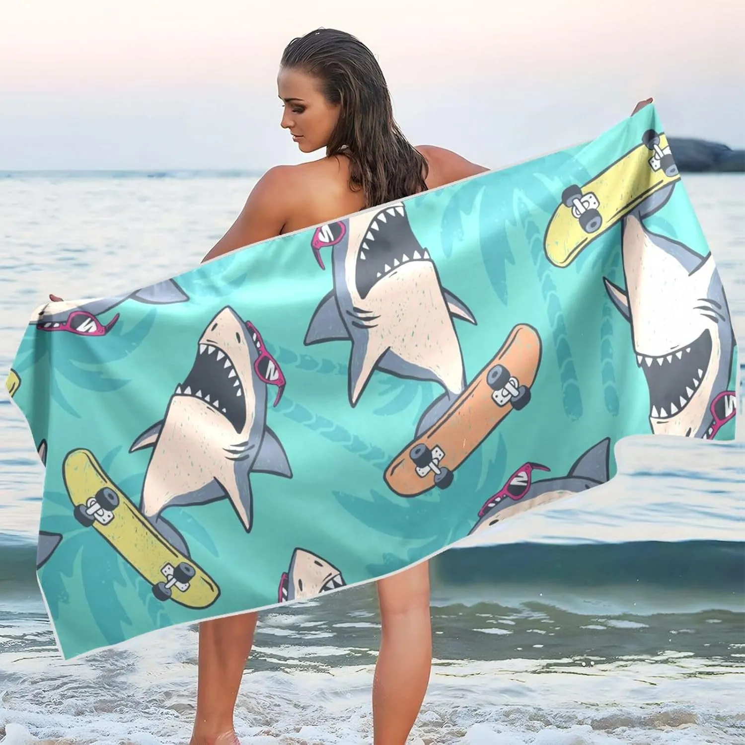 S-harks with Skateboarding Beach Towel Thin Quick Fast Dry Beach Towels for Travel Sports Pool Swimming Bath Camping Yoga Women Men 31 x 71in