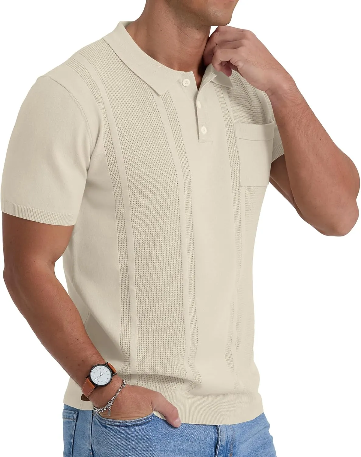 Sailwind Mens Textured Knit Polo Shirts Short Sleeve Summer Collared T Shirt with Pocket