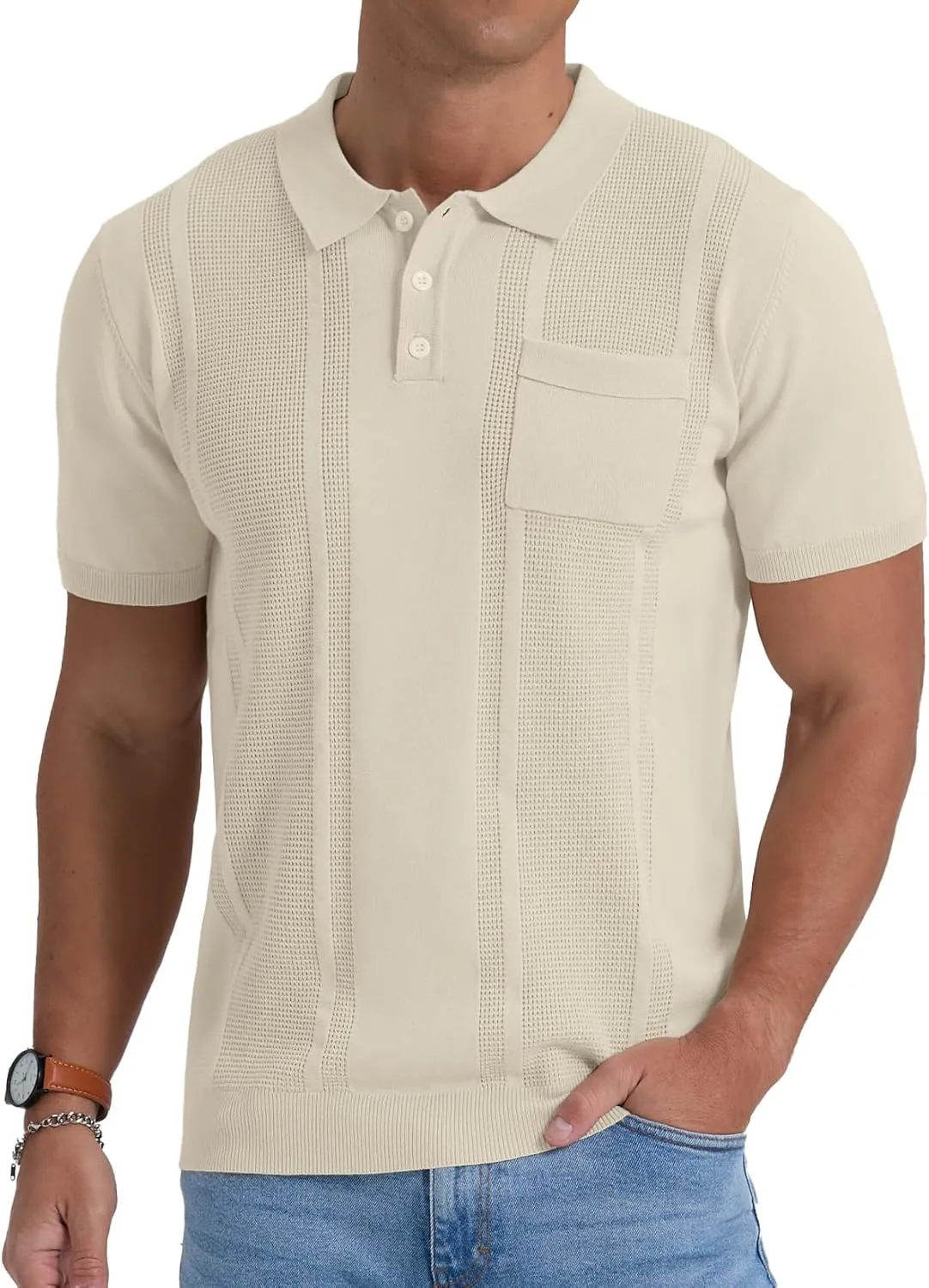 Sailwind Mens Textured Knit Polo Shirts Short Sleeve Summer Collared T Shirt with Pocket