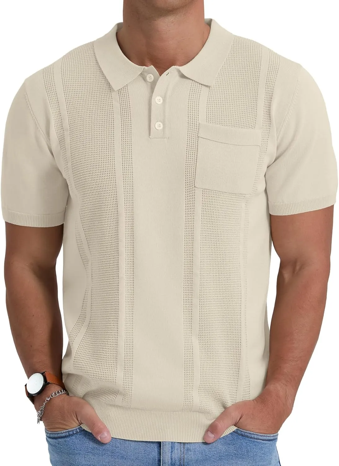 Sailwind Mens Textured Knit Polo Shirts Short Sleeve Summer Collared T Shirt with Pocket