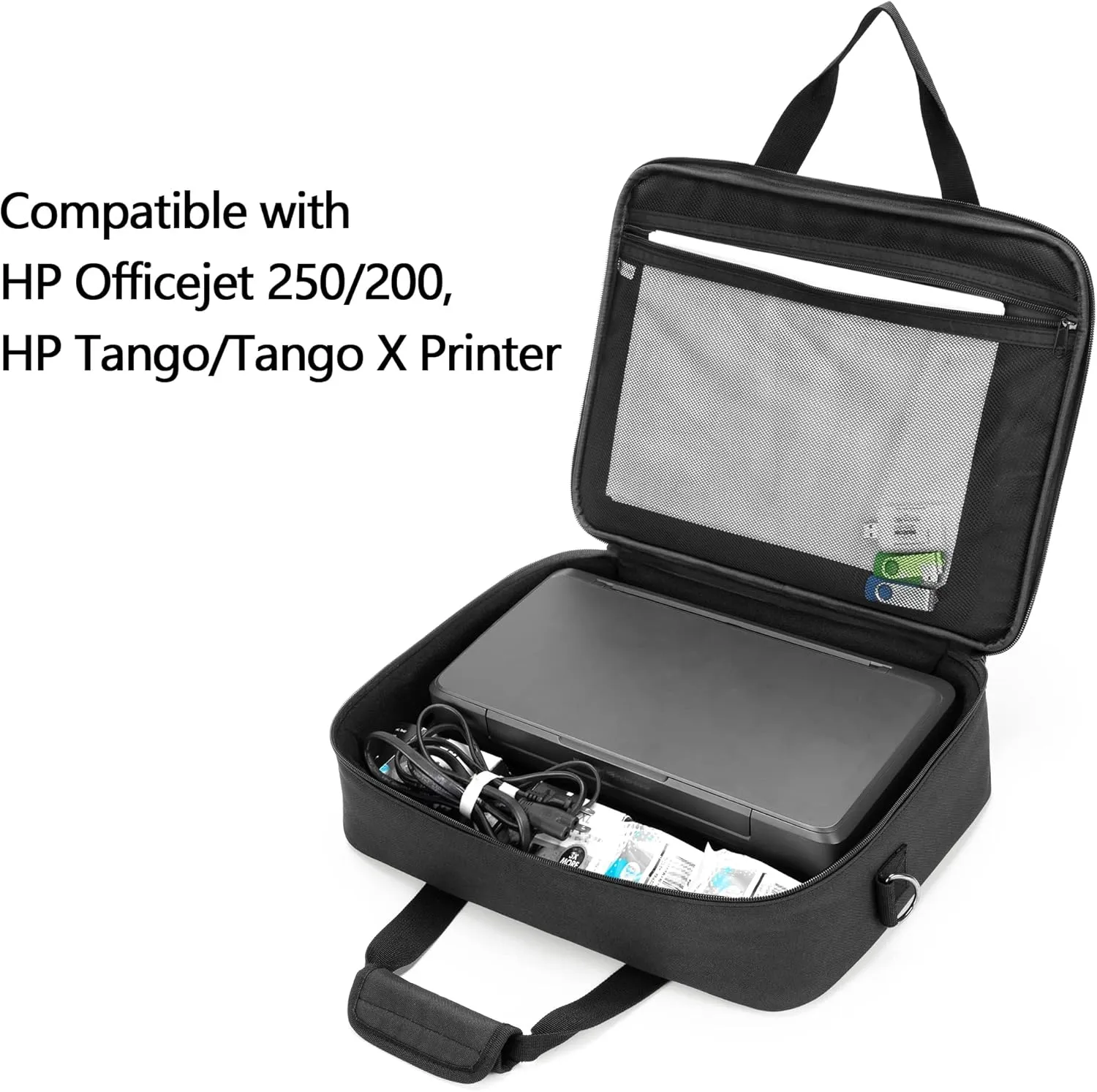 samdew Mobile Printer Storage Bag Compatible with HP Tango/Tango X, HP Officejet 250/200, Portable Printer Carrying Case for Travel, with Laptop Layer(up to 14"), Shoulder & Trolley Strap, Bag Only