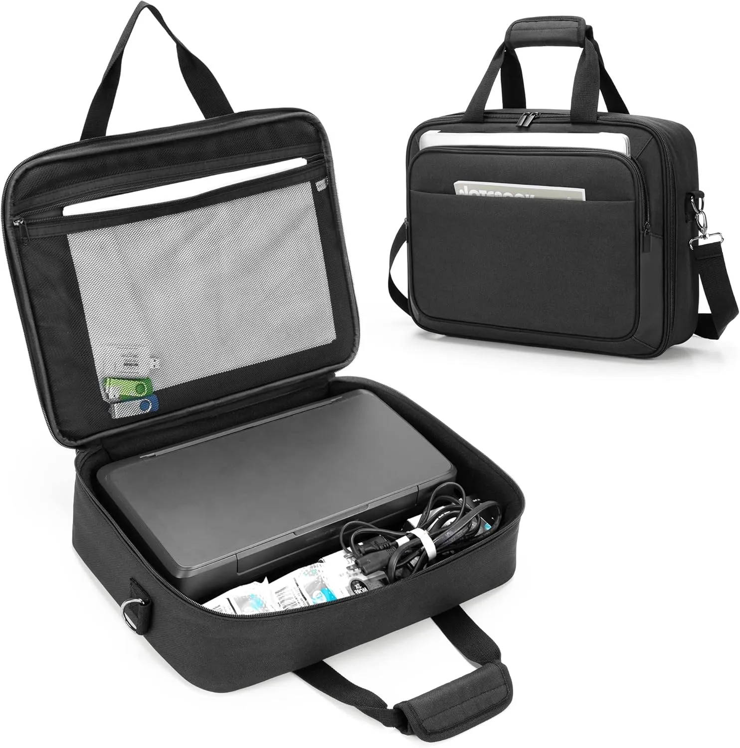 samdew Mobile Printer Storage Bag Compatible with HP Tango/Tango X, HP Officejet 250/200, Portable Printer Carrying Case for Travel, with Laptop Layer(up to 14"), Shoulder & Trolley Strap, Bag Only