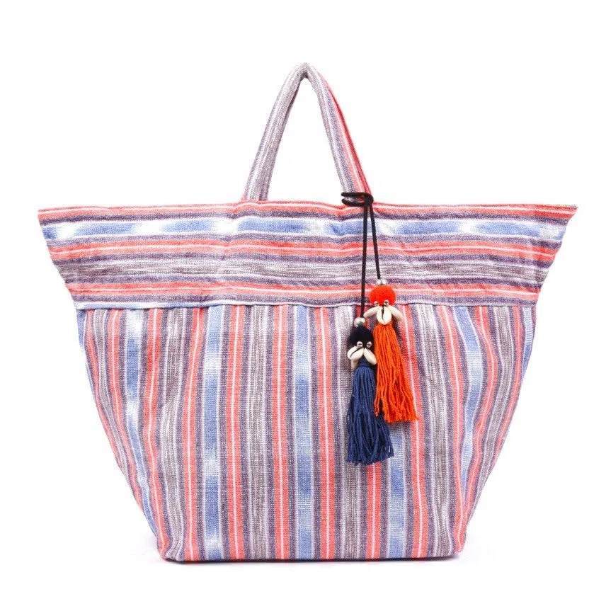 Samui Stripe Puka Tassel Beach Bag Org/Ind