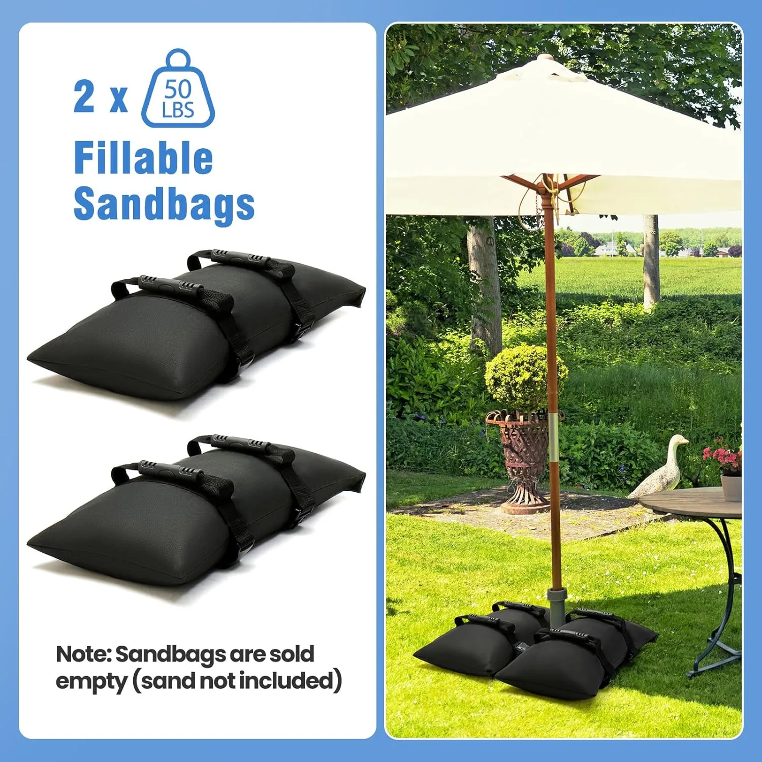 Sand Bags for Weight, 2-Pack 50LBS Heavy-Duty Fillable Sandbags for Weight to Hold Down Umbrella Base, Patio & Cantilever Umbrella Stands, Outdoor Furniture(Without Sand)(2, Medium)