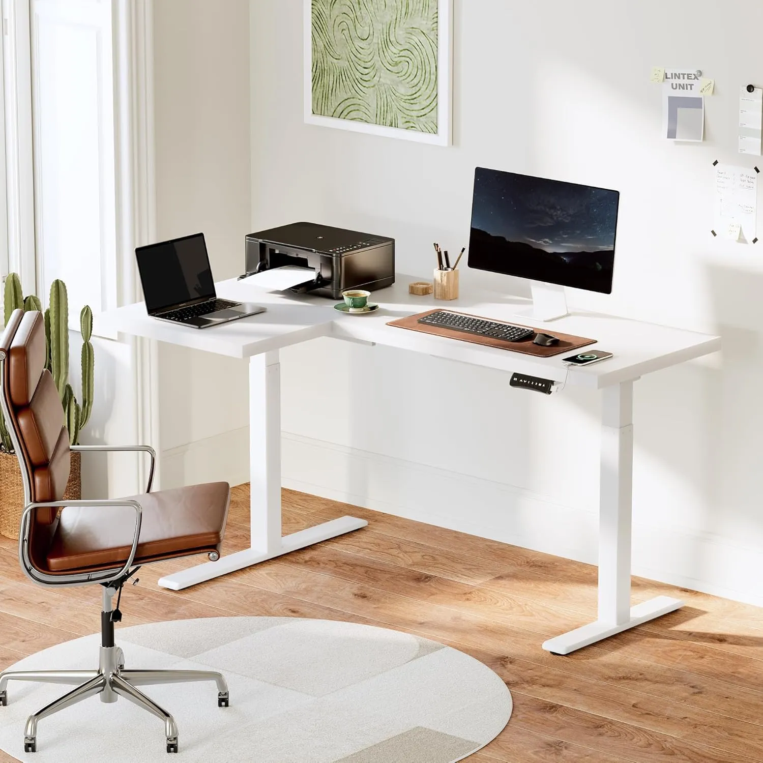 SANODESK 63-Inch Large Dual Motor L-Shaped Electric Height Adjustable Standing Desk - Reversible Panel - White Top/White Frame - Ideal for Gaming, Home Office or Computer Workstation