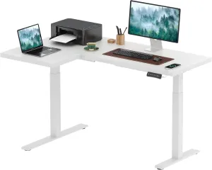 SANODESK 63-Inch Large Dual Motor L-Shaped Electric Height Adjustable Standing Desk - Reversible Panel - White Top/White Frame - Ideal for Gaming, Home Office or Computer Workstation