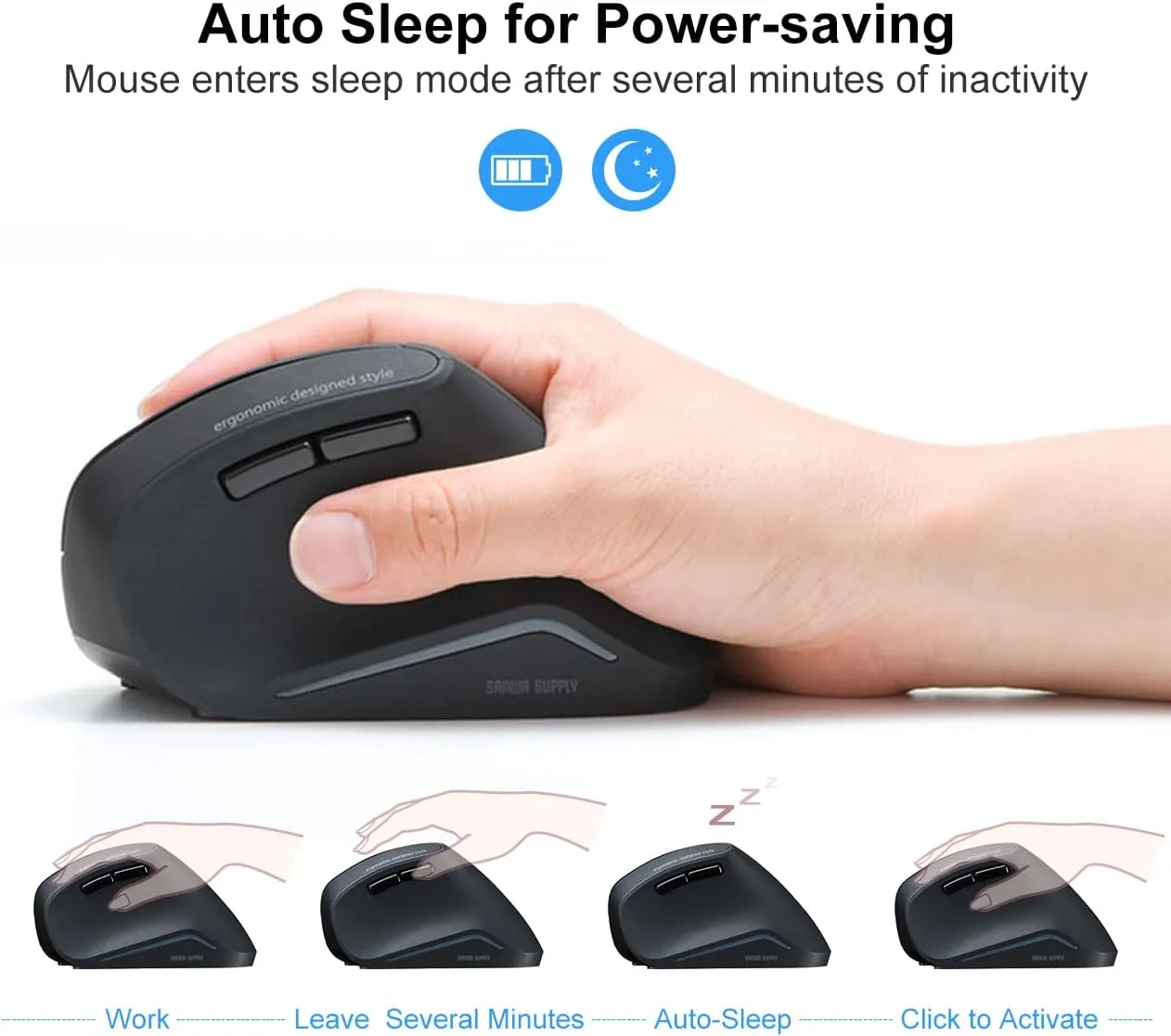 SANWA 2.4G Wireless Ergonomic Mouse, Optical Vertical Computer Mice, Silent Noiseless Click, (800/1200/1600 Adjustable DPI, 6 Buttons) Compatible with MacBook, Laptop, Windows, Mac OS
