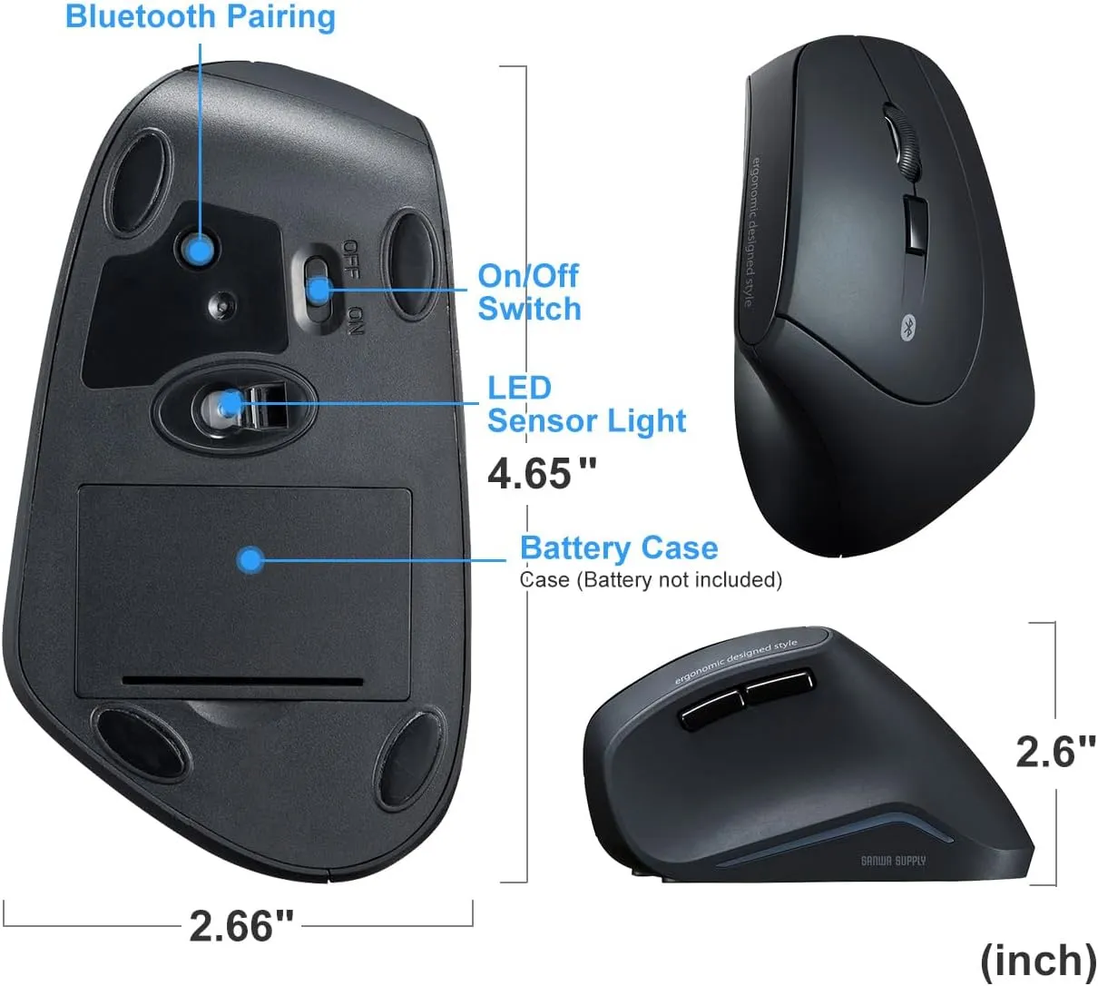 SANWA Bluetooth Ergonomic Mouse, Silent Click Wireless Ergo Vertical Mice, 3 Programmable Buttons, Reduce Wrist Pain, 800/1200/1600 DPI, Compatible with Mac, Laptop, Windows, Tablet, Phone