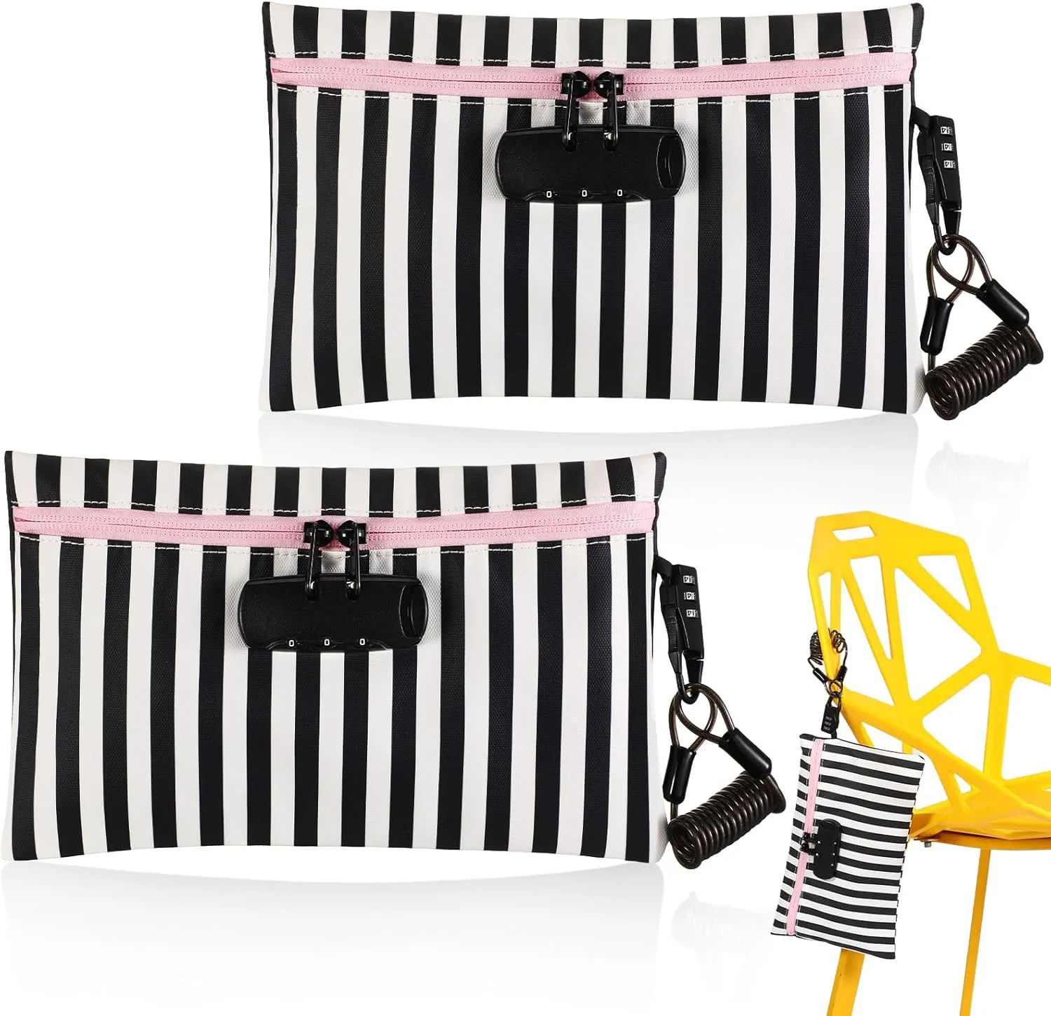 Sanwuta 2 Pack Money Bag with Lock Small Locking Money Bag for Beach Cash Wallet, 6.7 x 11 Inch(Pink, Black, White)