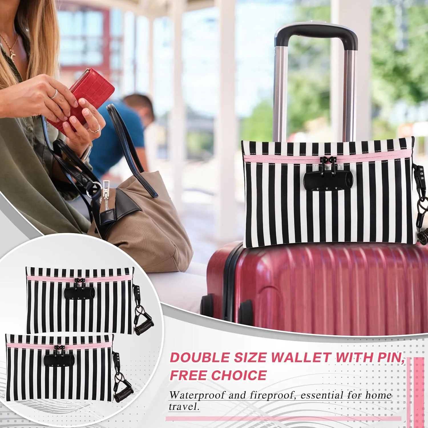 Sanwuta 2 Pack Money Bag with Lock Small Locking Money Bag for Beach Cash Wallet, 6.7 x 11 Inch(Pink, Black, White)