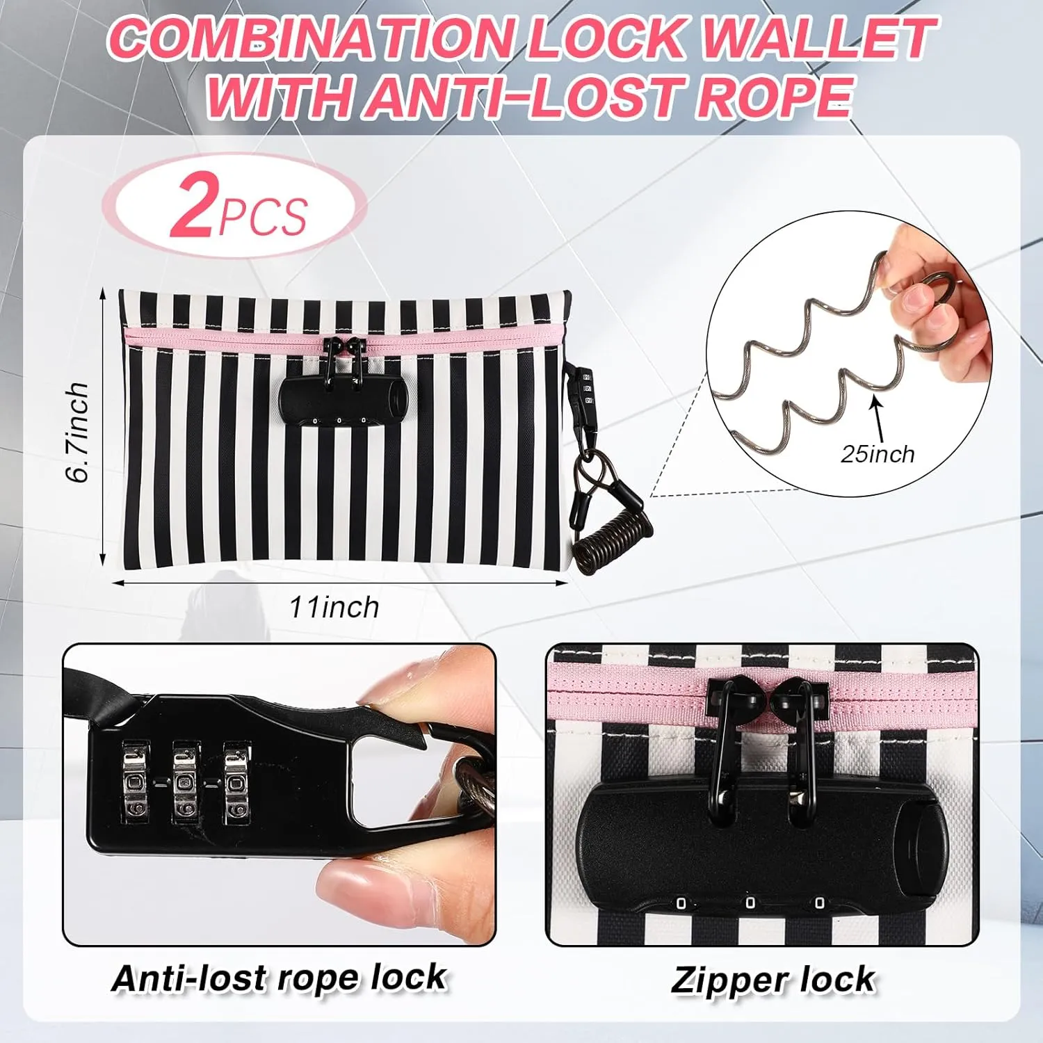 Sanwuta 2 Pack Money Bag with Lock Small Locking Money Bag for Beach Cash Wallet, 6.7 x 11 Inch(Pink, Black, White)