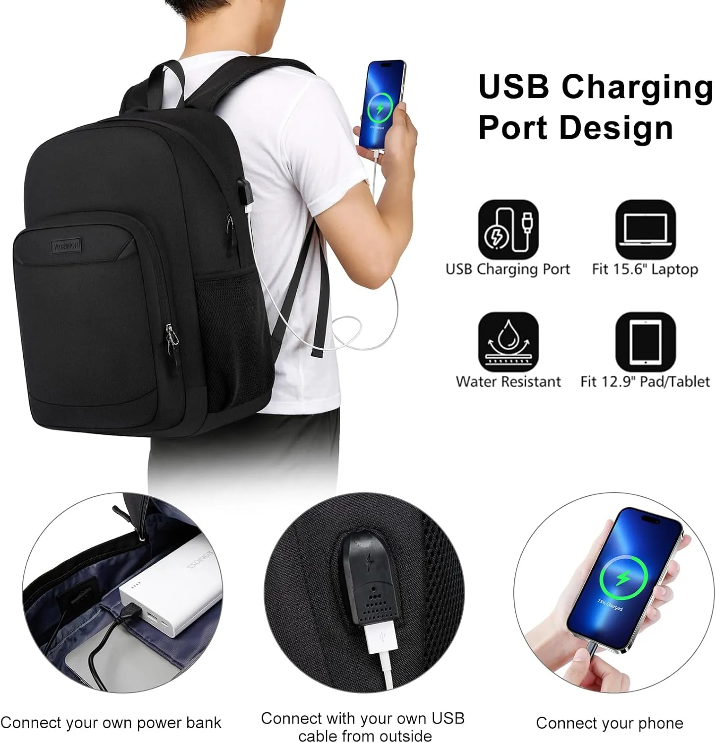 School Backpack for Teens Boy, Bookbag for Men Women with 17.3 inch Laptop Sleeve Computer College Black Over 3 Years Old