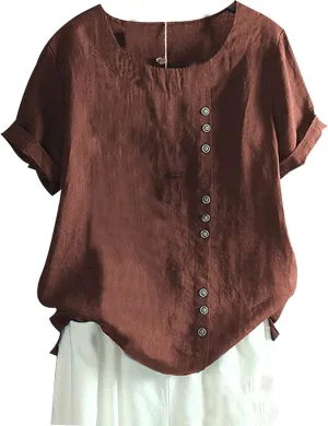 SCUSTY Oversized Crew Neck Linen Tops for Women Short Sleeve Cotton Blend Tee Shirts