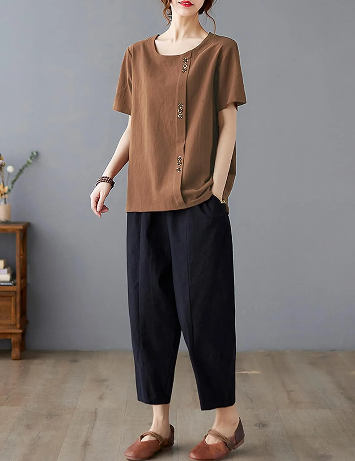 SCUSTY Oversized Crew Neck Linen Tops for Women Short Sleeve Cotton Blend Tee Shirts