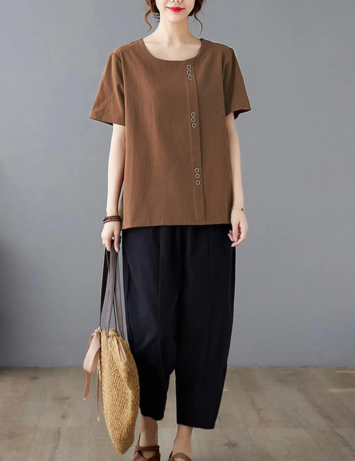 SCUSTY Oversized Crew Neck Linen Tops for Women Short Sleeve Cotton Blend Tee Shirts