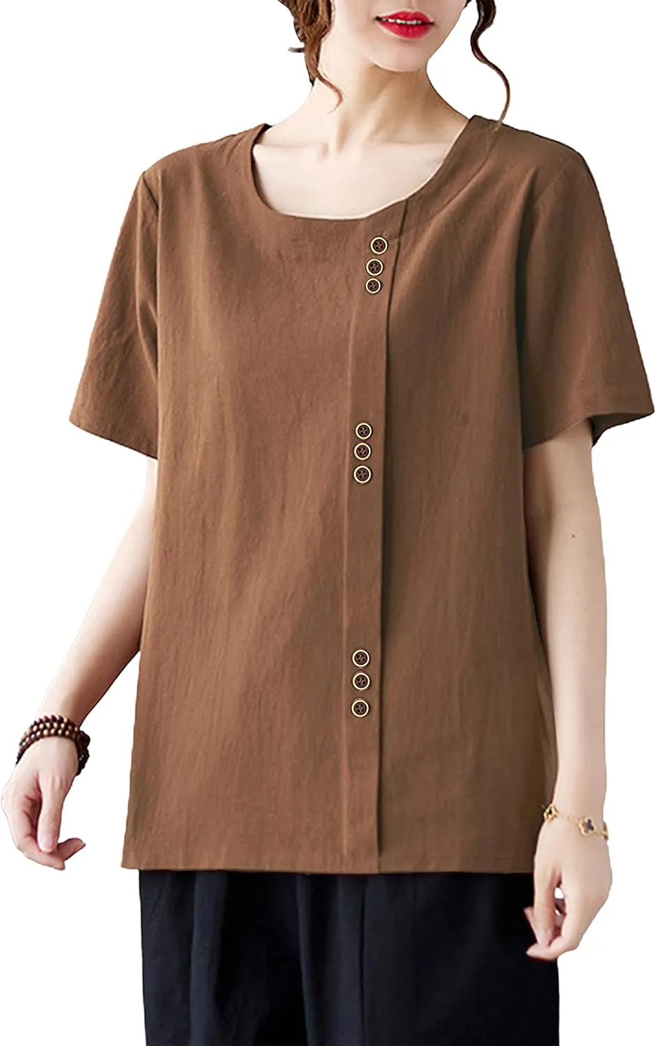 SCUSTY Oversized Crew Neck Linen Tops for Women Short Sleeve Cotton Blend Tee Shirts