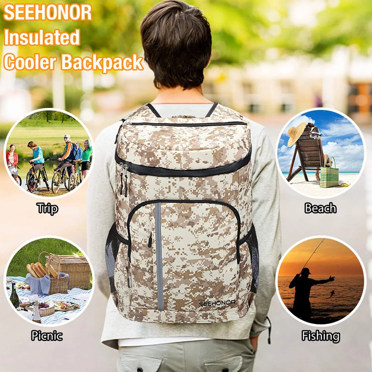 SEEHONOR Insulated Cooler Backpack Leakproof Soft Cooler Bag Lightweight Backpack with Cooler for Lunch Picnic Hiking Camping Beach Park Day Trips 45 Cans