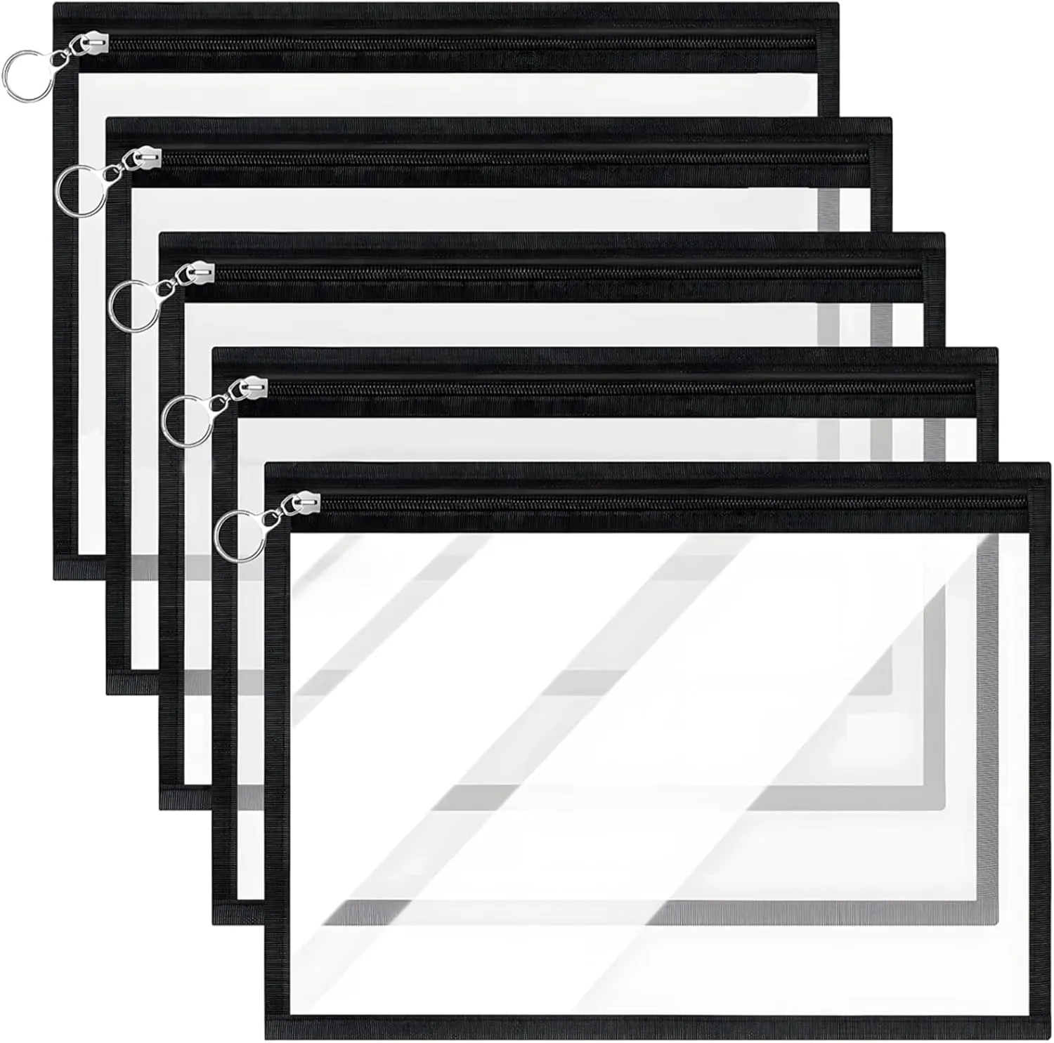 Set of 5 Clear PVC Storage Pouches, Large Waterproof Zipper Bags with Black Trim, Multi-Purpose Document Organizers
