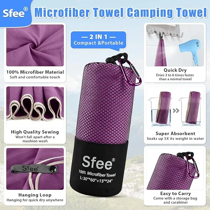 Sfee 2 Pack Microfiber Travel Towel, Quick Dry Towel Camping Towel Large Beach Towel Super Absorbent Compact Lightweight Sports Towel Gym Towel for Beach, Gym, Hiking, Pool, Backpacking, Bath, Yoga
