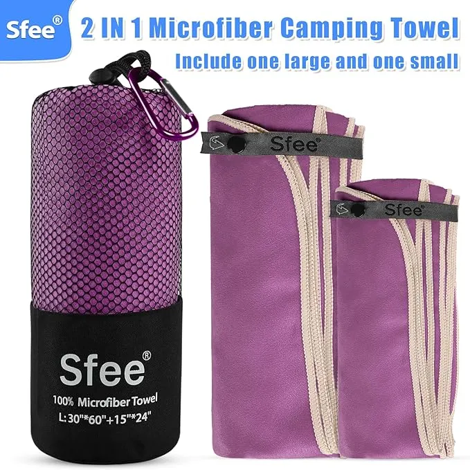 Sfee 2 Pack Microfiber Travel Towel, Quick Dry Towel Camping Towel Large Beach Towel Super Absorbent Compact Lightweight Sports Towel Gym Towel for Beach, Gym, Hiking, Pool, Backpacking, Bath, Yoga
