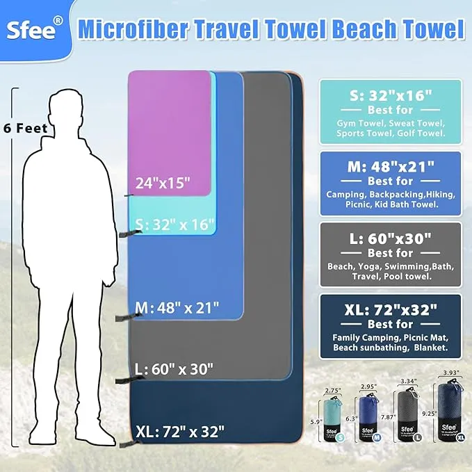 Sfee 2 Pack Microfiber Travel Towel, Quick Dry Towel Camping Towel Large Beach Towel Super Absorbent Compact Lightweight Sports Towel Gym Towel for Beach, Gym, Hiking, Pool, Backpacking, Bath, Yoga