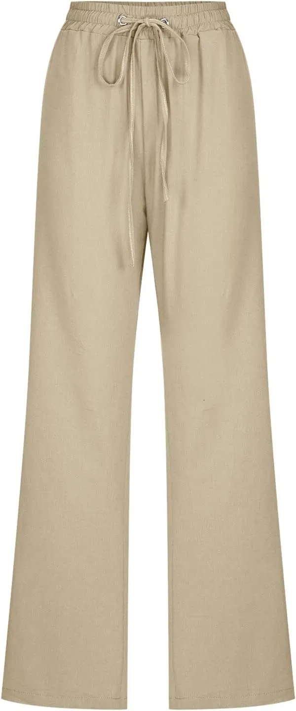 SHAOBGE Womens Casual Cotton Linen Pants Lightweight Summer Relax Fit Elastic Waist Straight Leg Solid Lounge Long Trousers