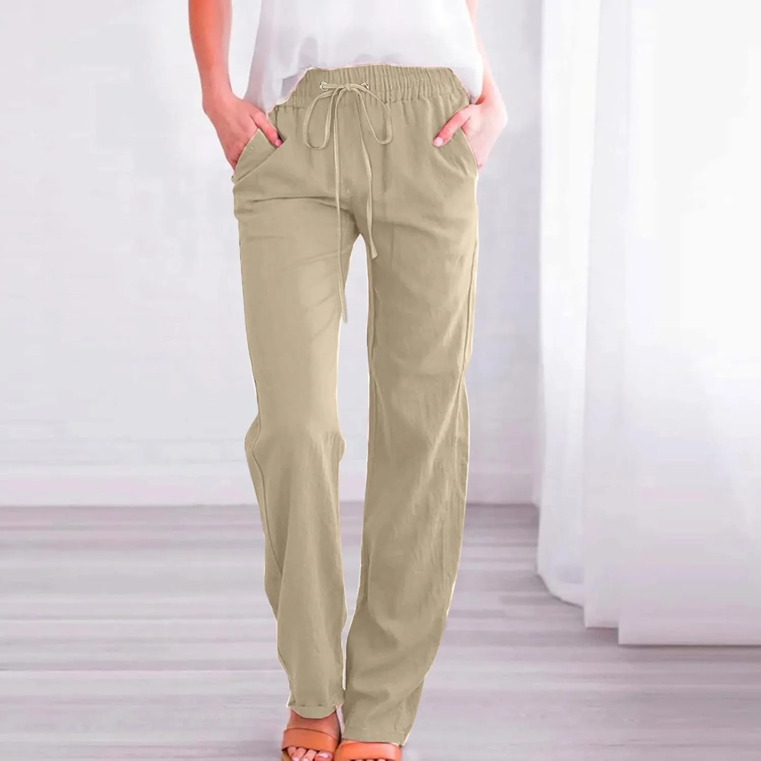 SHAOBGE Womens Casual Cotton Linen Pants Lightweight Summer Relax Fit Elastic Waist Straight Leg Solid Lounge Long Trousers