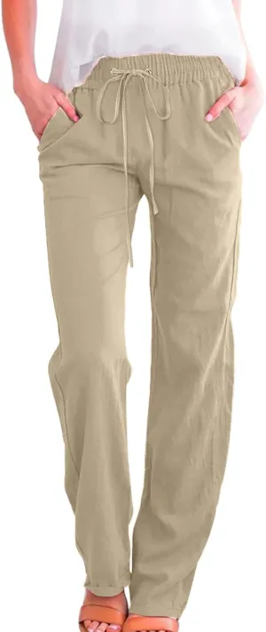 SHAOBGE Womens Casual Cotton Linen Pants Lightweight Summer Relax Fit Elastic Waist Straight Leg Solid Lounge Long Trousers