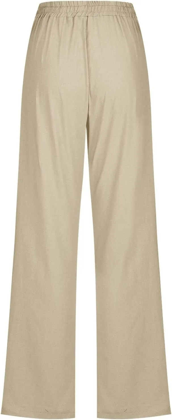 SHAOBGE Womens Casual Cotton Linen Pants Lightweight Summer Relax Fit Elastic Waist Straight Leg Solid Lounge Long Trousers