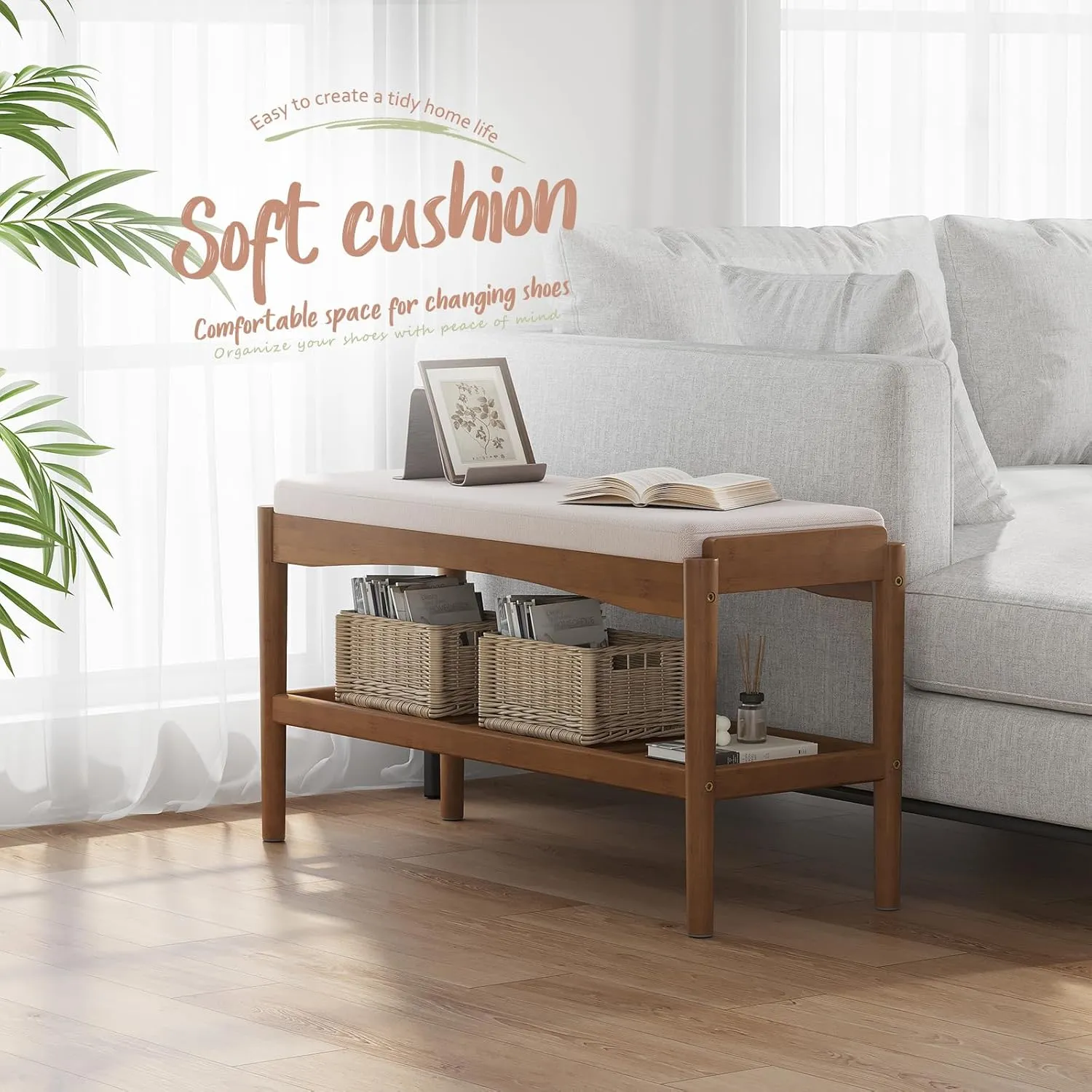 Shoe Bench Entryway Bamboo 2-Tier Shoe Rack with Cushion Padded Seat Shoe Bench Organizer Stable for Entry, Hallway, Living Room, Bedroom, Closet (31.5 * 11.4 * 16.5IN, Brown-Beige)