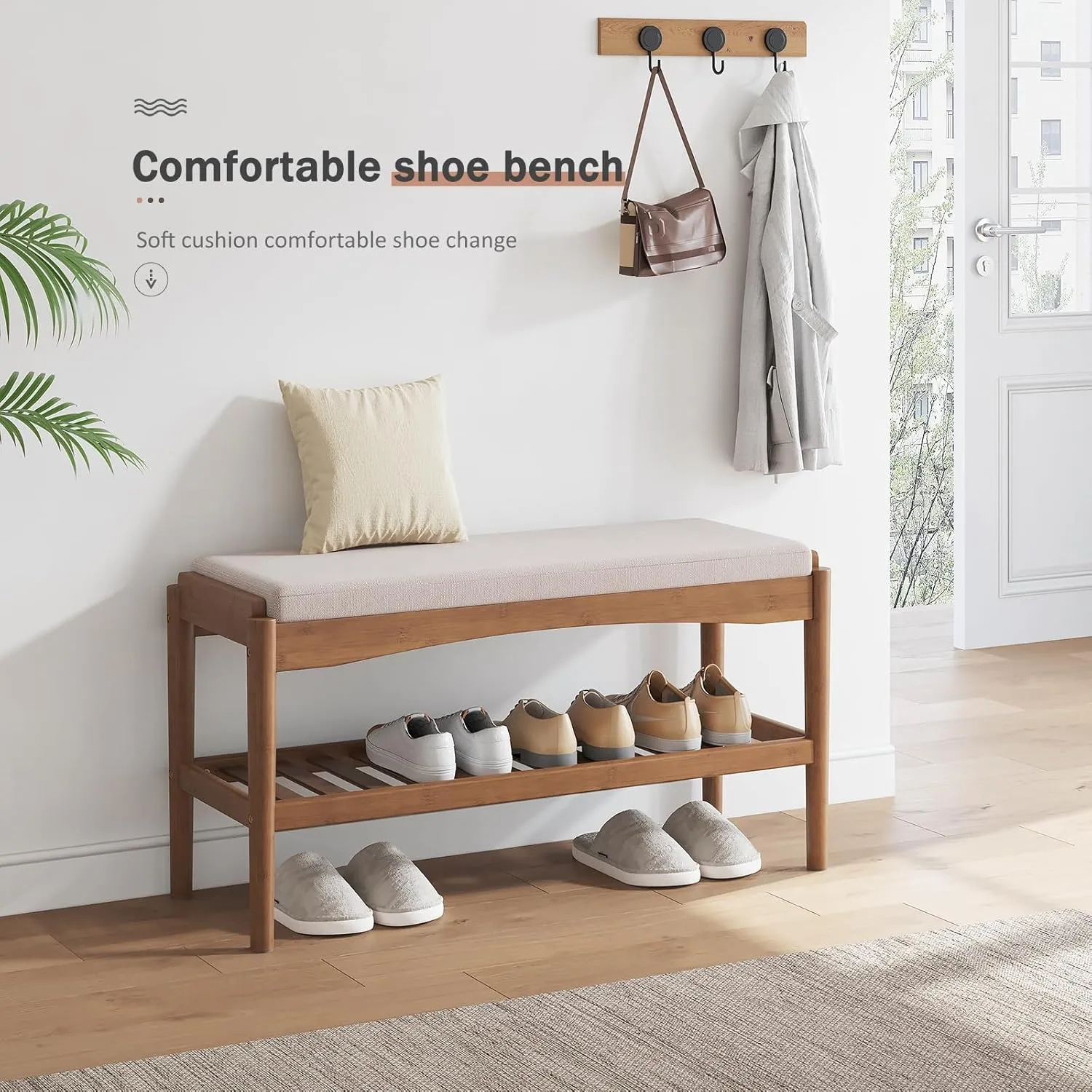 Shoe Bench Entryway Bamboo 2-Tier Shoe Rack with Cushion Padded Seat Shoe Bench Organizer Stable for Entry, Hallway, Living Room, Bedroom, Closet (31.5 * 11.4 * 16.5IN, Brown-Beige)