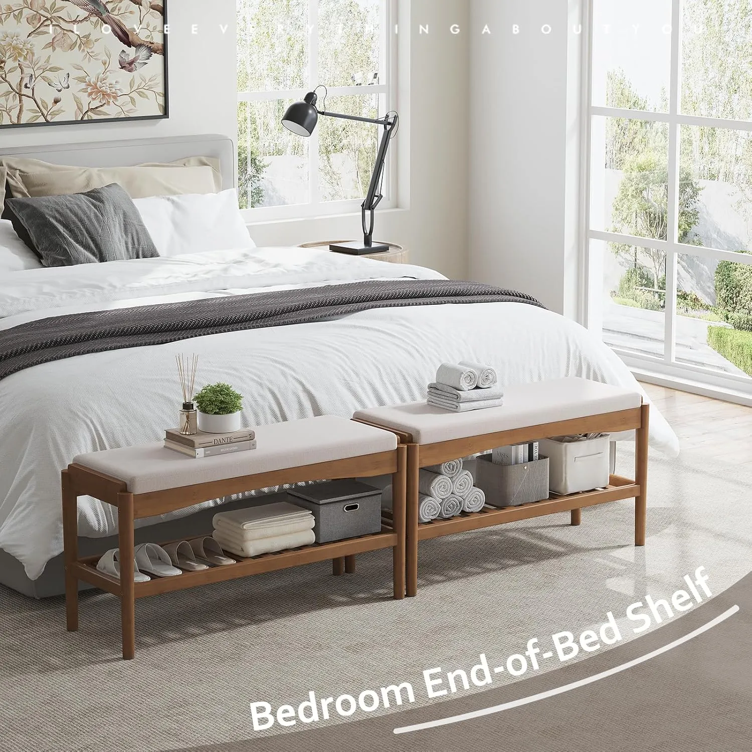 Shoe Bench Entryway Bamboo 2-Tier Shoe Rack with Cushion Padded Seat Shoe Bench Organizer Stable for Entry, Hallway, Living Room, Bedroom, Closet (31.5 * 11.4 * 16.5IN, Brown-Beige)