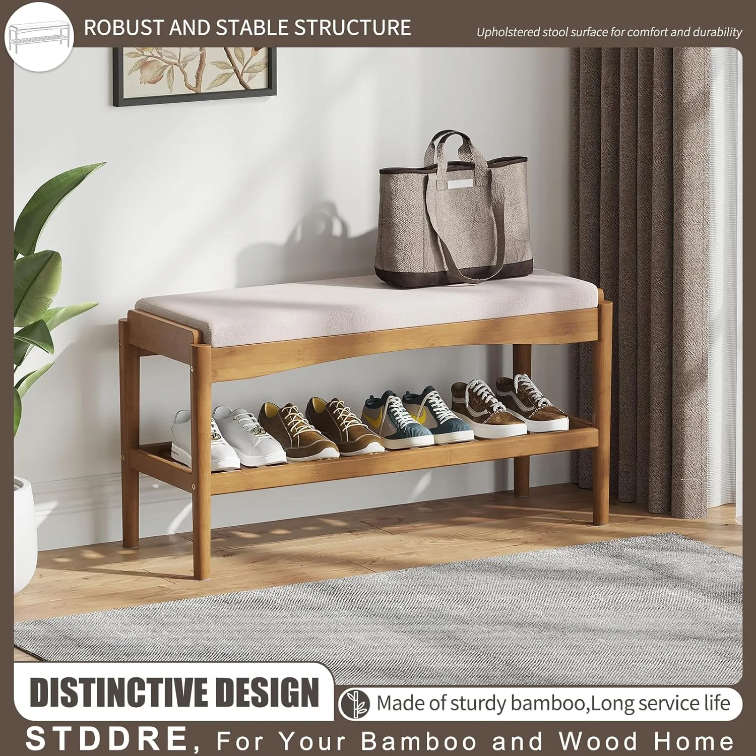 Shoe Bench Entryway Bamboo 2-Tier Shoe Rack with Cushion Padded Seat Shoe Bench Organizer Stable for Entry, Hallway, Living Room, Bedroom, Closet (31.5 * 11.4 * 16.5IN, Brown-Beige)