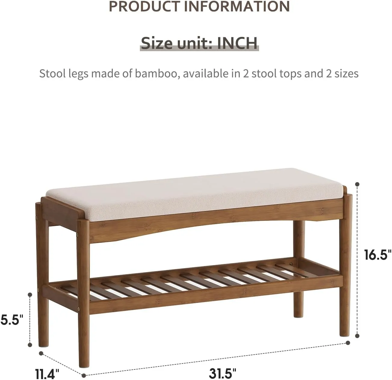 Shoe Bench Entryway Bamboo 2-Tier Shoe Rack with Cushion Padded Seat Shoe Bench Organizer Stable for Entry, Hallway, Living Room, Bedroom, Closet (31.5 * 11.4 * 16.5IN, Brown-Beige)
