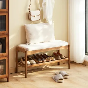Shoe Bench Entryway Bamboo 2-Tier Shoe Rack with Cushion Padded Seat Shoe Bench Organizer Stable for Entry, Hallway, Living Room, Bedroom, Closet (31.5 * 11.4 * 16.5IN, Brown-Beige)