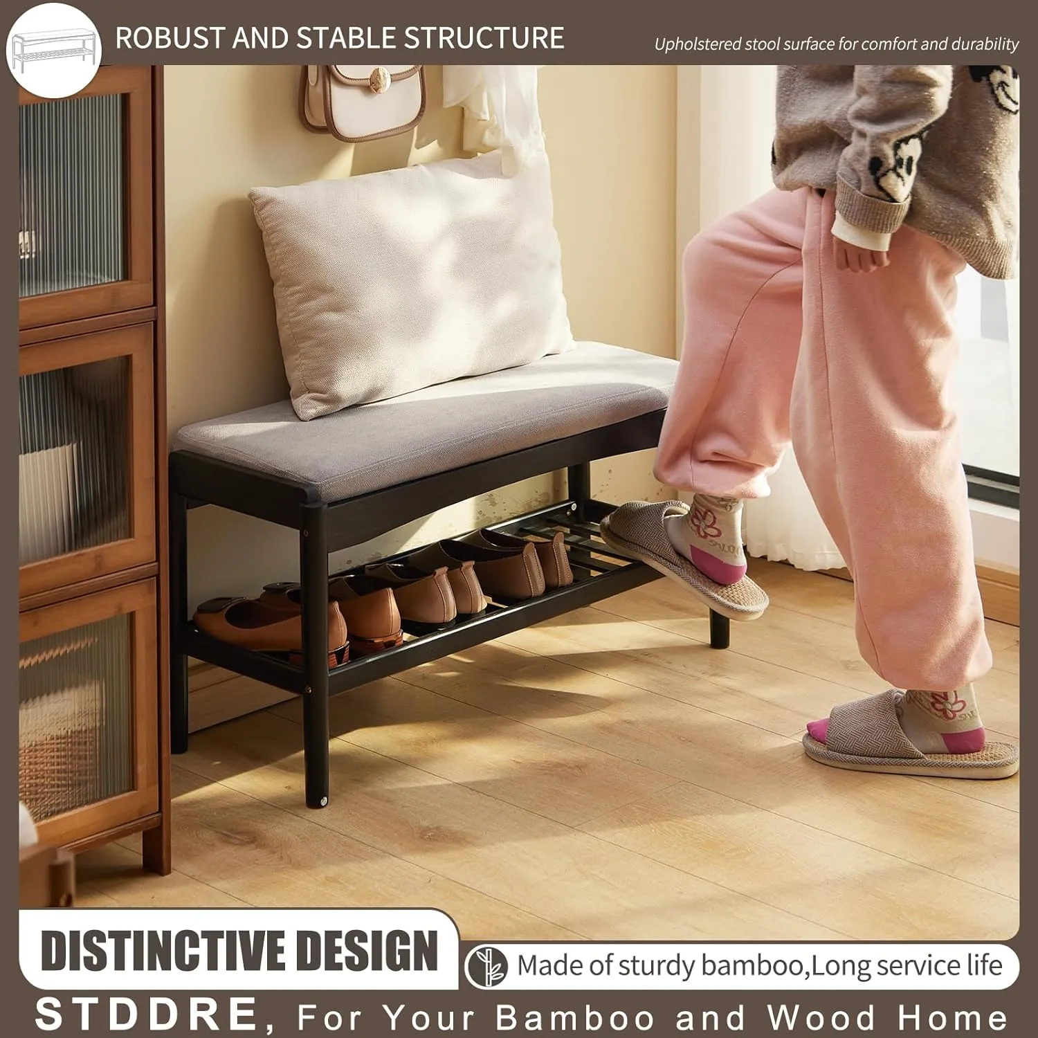 Shoe Bench Entryway Bamboo 2-Tier Shoe Rack with Cushion Padded Seat Shoe Bench Organizer Stable for Hallway, Living Room, Bedroom(31.5 * 11.4 * 16.5IN, Black-Gray)