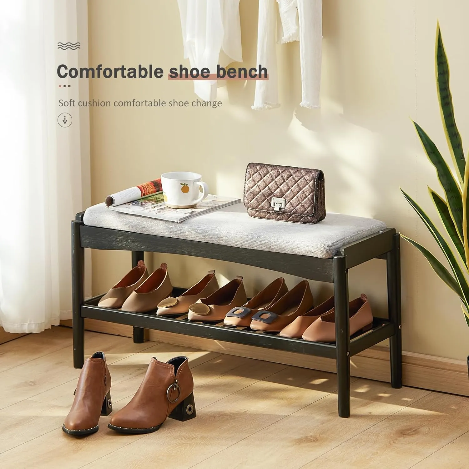 Shoe Bench Entryway Bamboo 2-Tier Shoe Rack with Cushion Padded Seat Shoe Bench Organizer Stable for Hallway, Living Room, Bedroom(31.5 * 11.4 * 16.5IN, Black-Gray)
