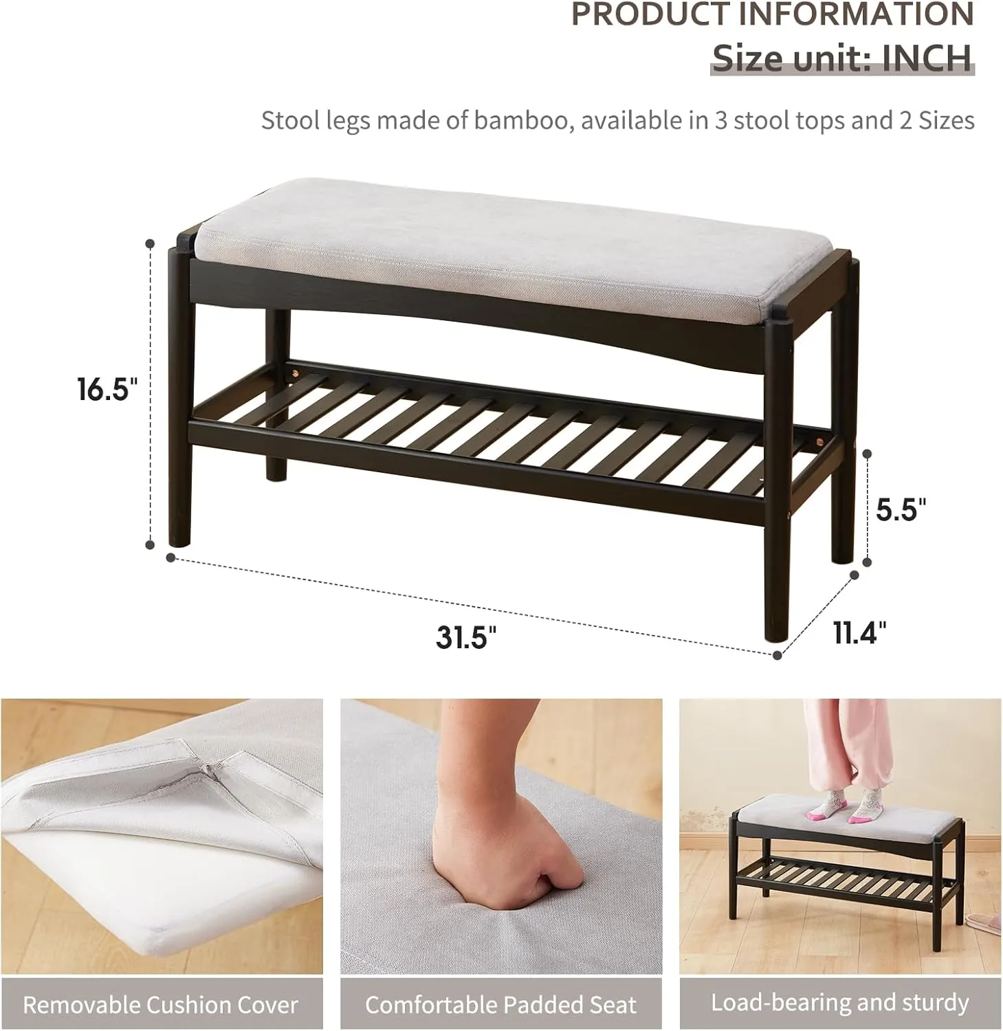 Shoe Bench Entryway Bamboo 2-Tier Shoe Rack with Cushion Padded Seat Shoe Bench Organizer Stable for Hallway, Living Room, Bedroom(31.5 * 11.4 * 16.5IN, Black-Gray)