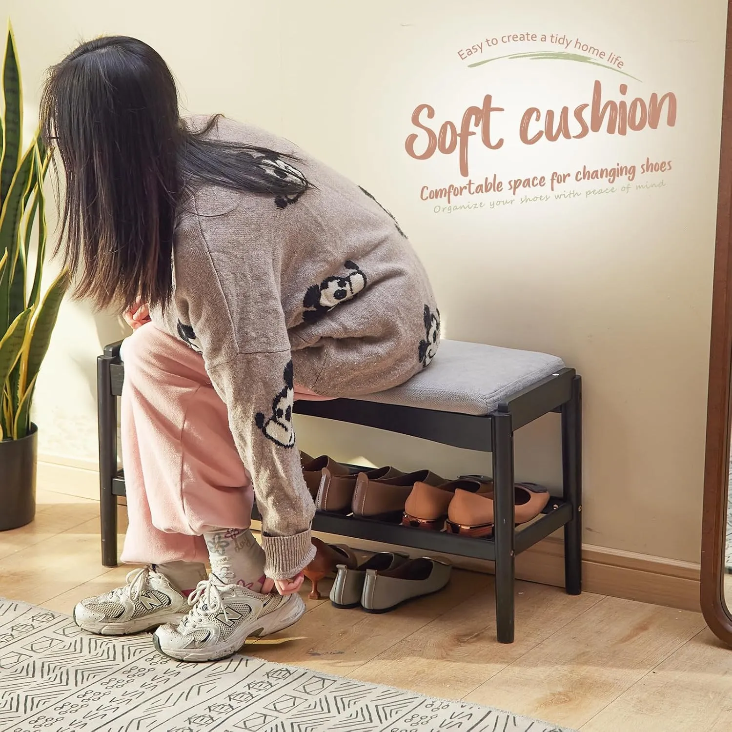 Shoe Bench Entryway Bamboo 2-Tier Shoe Rack with Cushion Padded Seat Shoe Bench Organizer Stable for Hallway, Living Room, Bedroom(31.5 * 11.4 * 16.5IN, Black-Gray)