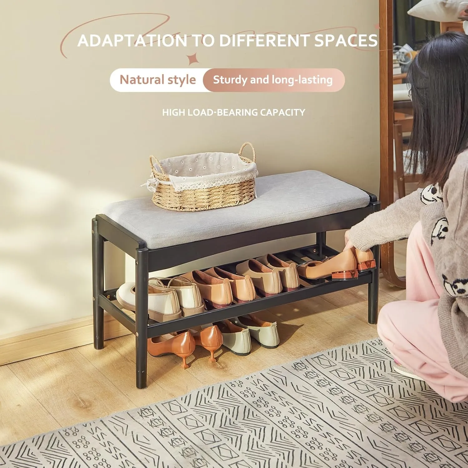 Shoe Bench Entryway Bamboo 2-Tier Shoe Rack with Cushion Padded Seat Shoe Bench Organizer Stable for Hallway, Living Room, Bedroom(31.5 * 11.4 * 16.5IN, Black-Gray)