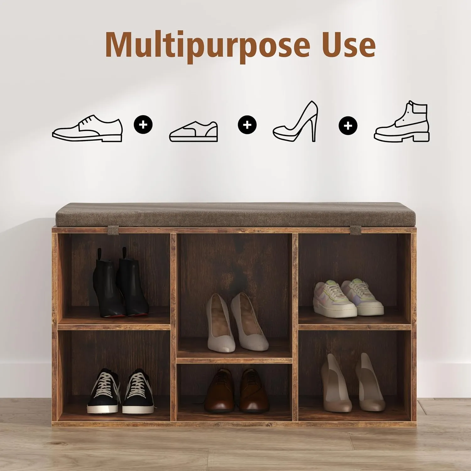 Shoe Storage Bench, 6 Cubbies Shoe Rack Bench with Padded Seat, Space Saving Shoe Shelf for Entryway, Living Room, Hallway, Bedroom