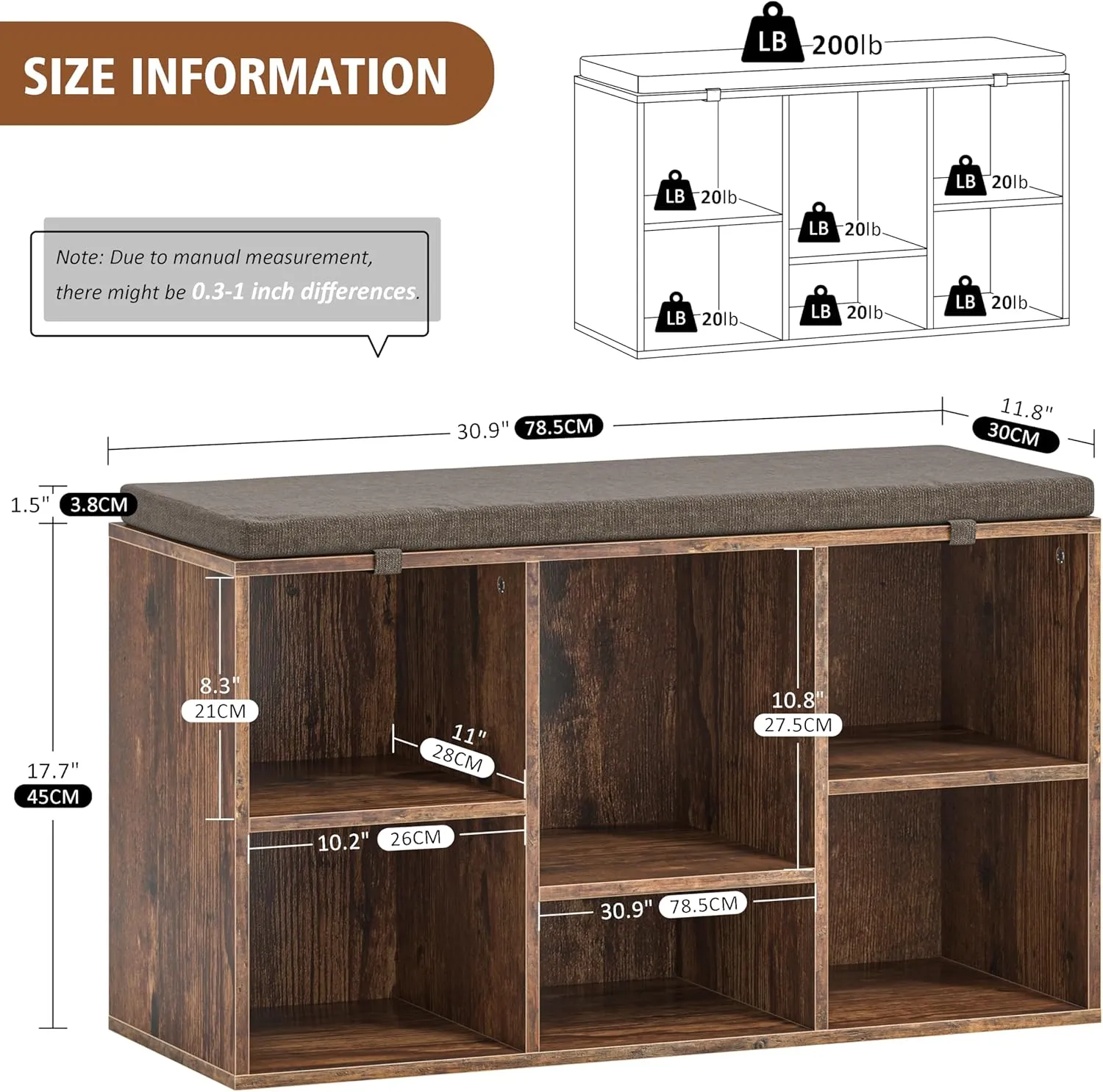 Shoe Storage Bench, 6 Cubbies Shoe Rack Bench with Padded Seat, Space Saving Shoe Shelf for Entryway, Living Room, Hallway, Bedroom