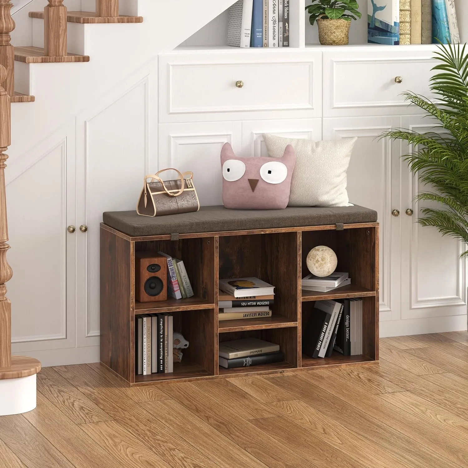 Shoe Storage Bench, 6 Cubbies Shoe Rack Bench with Padded Seat, Space Saving Shoe Shelf for Entryway, Living Room, Hallway, Bedroom